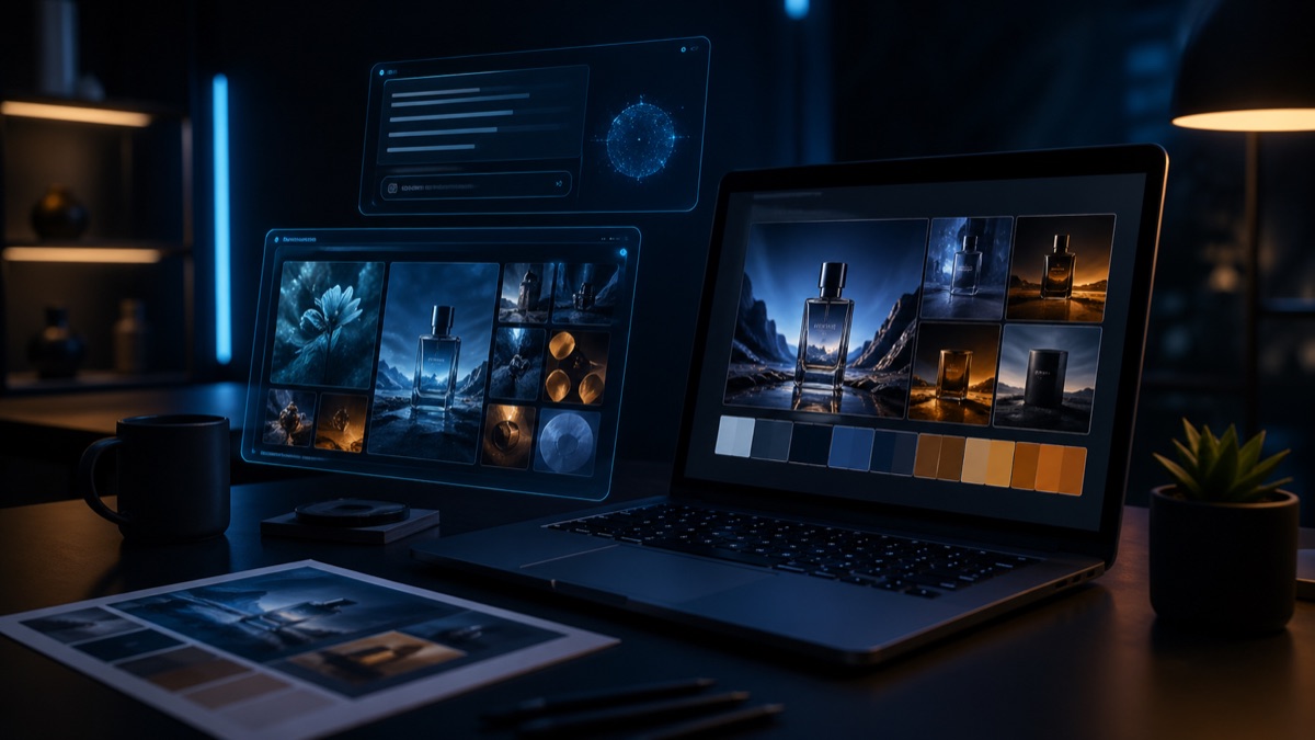 GPT-4o ile üretilmiş AI marka görseli — karanlık stüdyo, laptop ekranında marka mood board